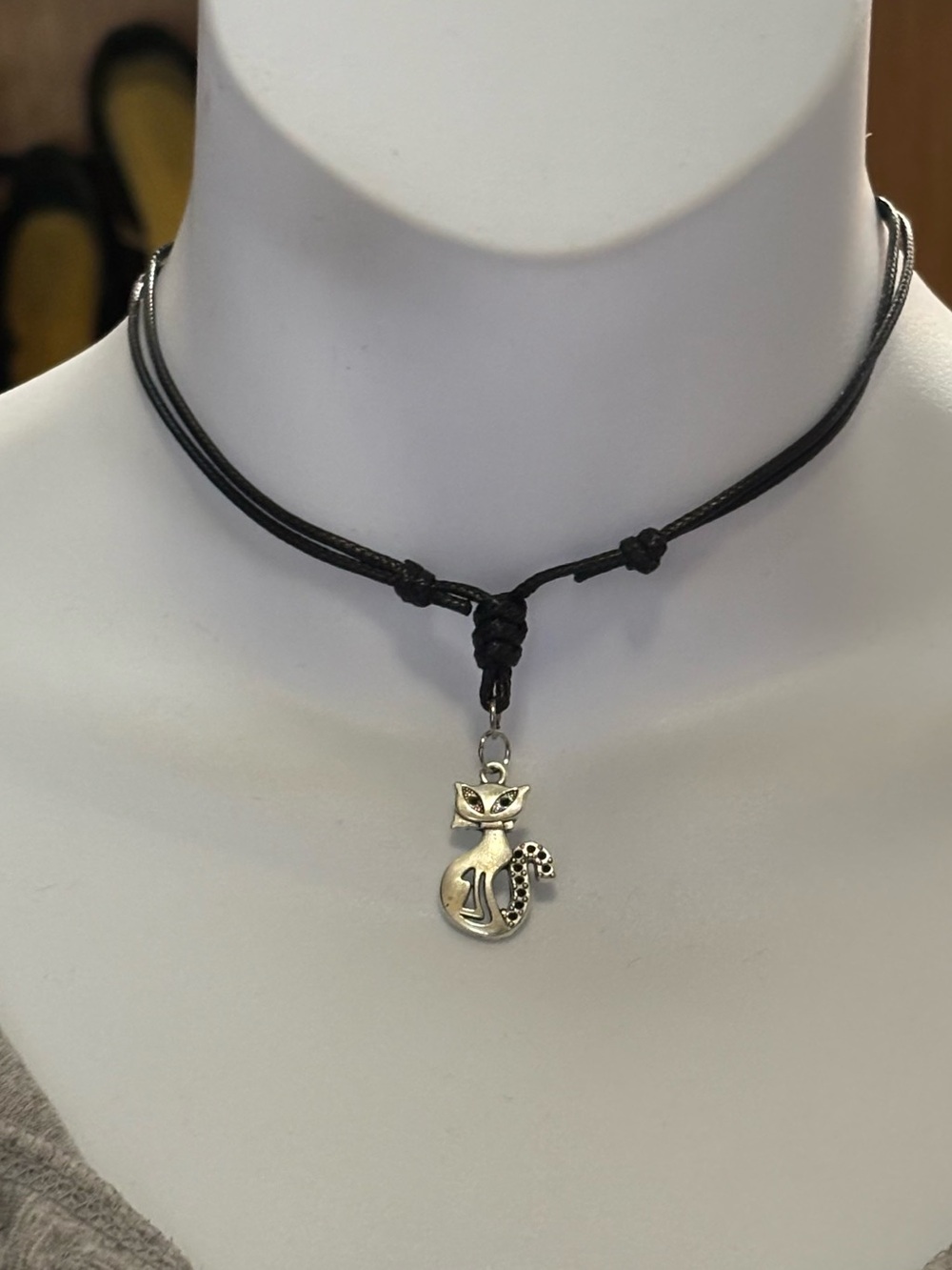Silver Cat Pendant on Adjustable Black Cord Necklace - Women Jewelry
